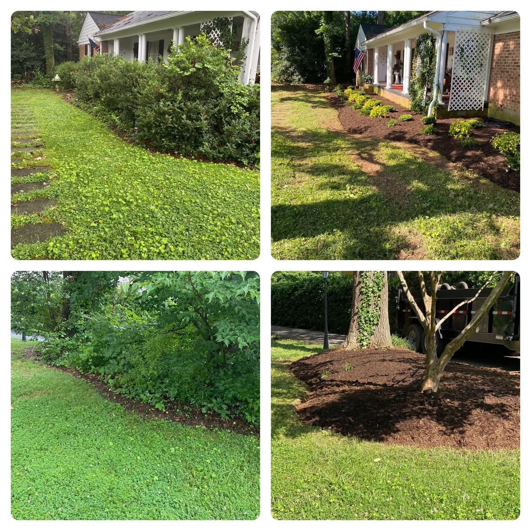 Lush green landscaping with freshly mulched flower beds and trimmed bushes around a home.