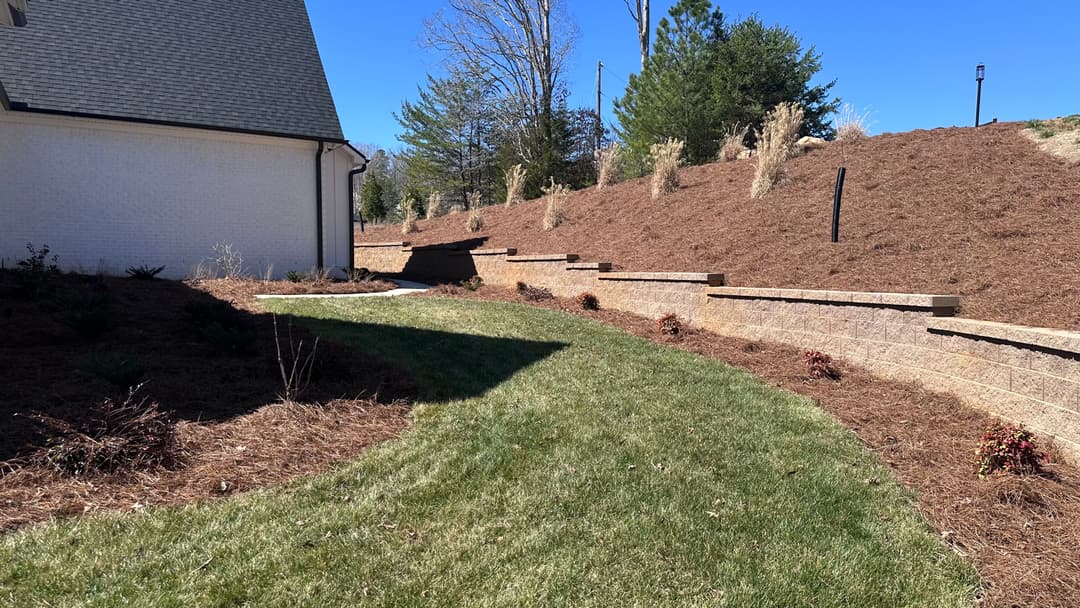 Lush landscaped garden with curved path, retaining walls, and greenery near a house.