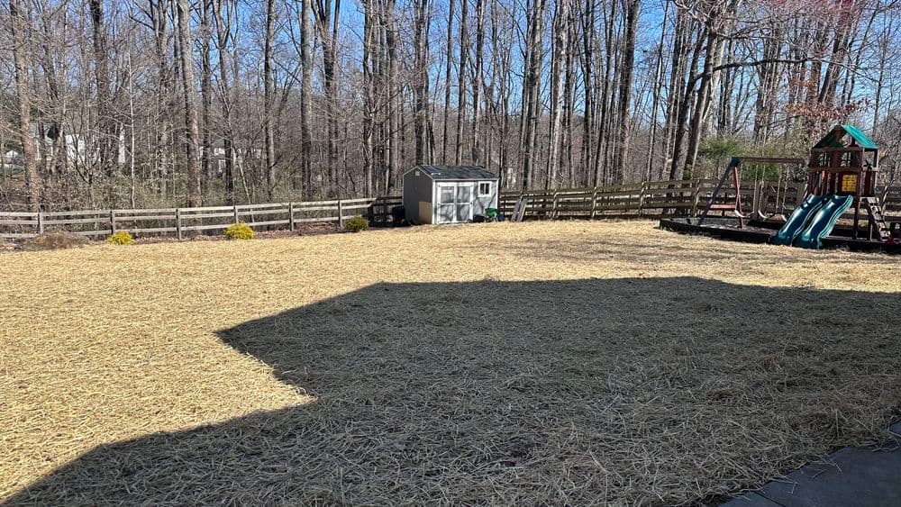 Open backyard space with straw cover, wooden fence, and playset near wooded area.
