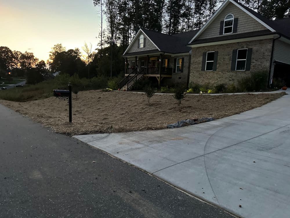Newly landscaped front yard of a home at sunset, featuring fresh mulch and a mailbox.
