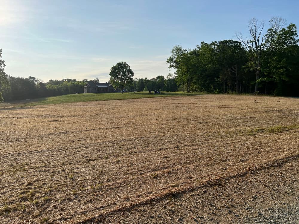 Open field with a distant house and trees under a clear sky. Ideal for nature and landscape settings.
