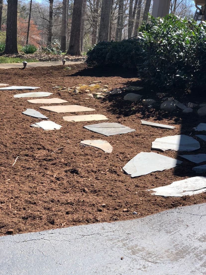 Garden path with irregular stone stepping stones and fresh mulch in a landscaped yard.